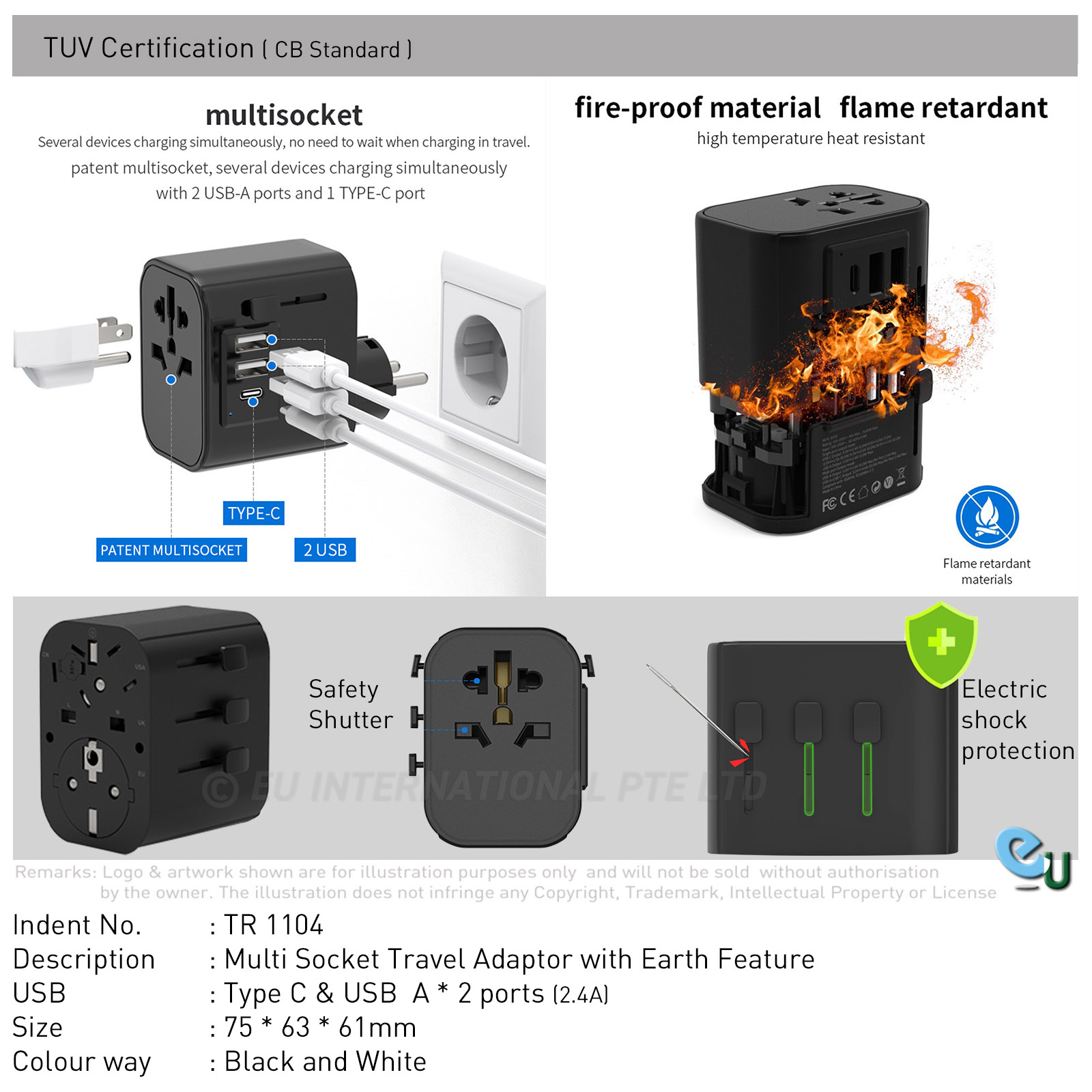 EU International Pte Ltd Multi Socket Travel Adaptor with Earth Feature - Image 1